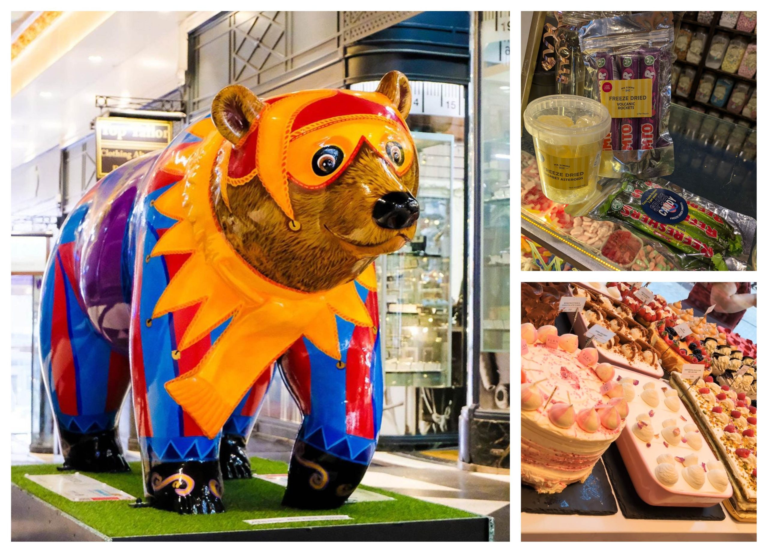 Bear sculpture with smaller images of sweets and cakes