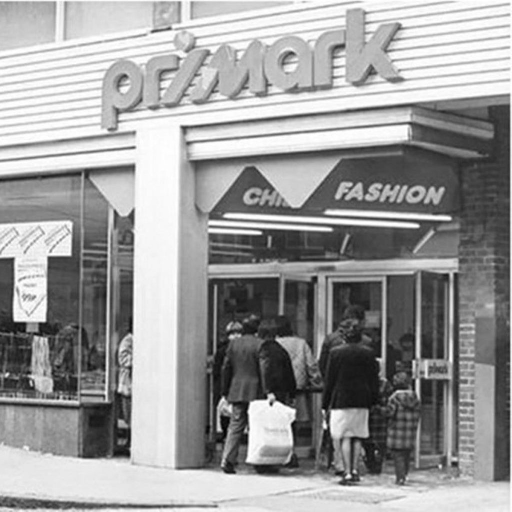 black and white photo of old Primark store front